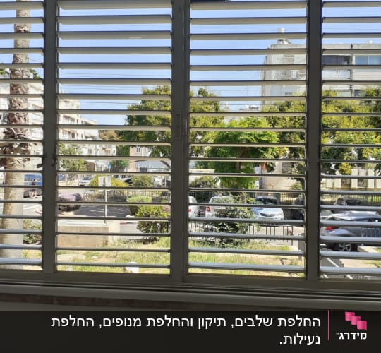 תריסים אופקיים פתוחים עם נוף חיצוני של עצים ומכוניות